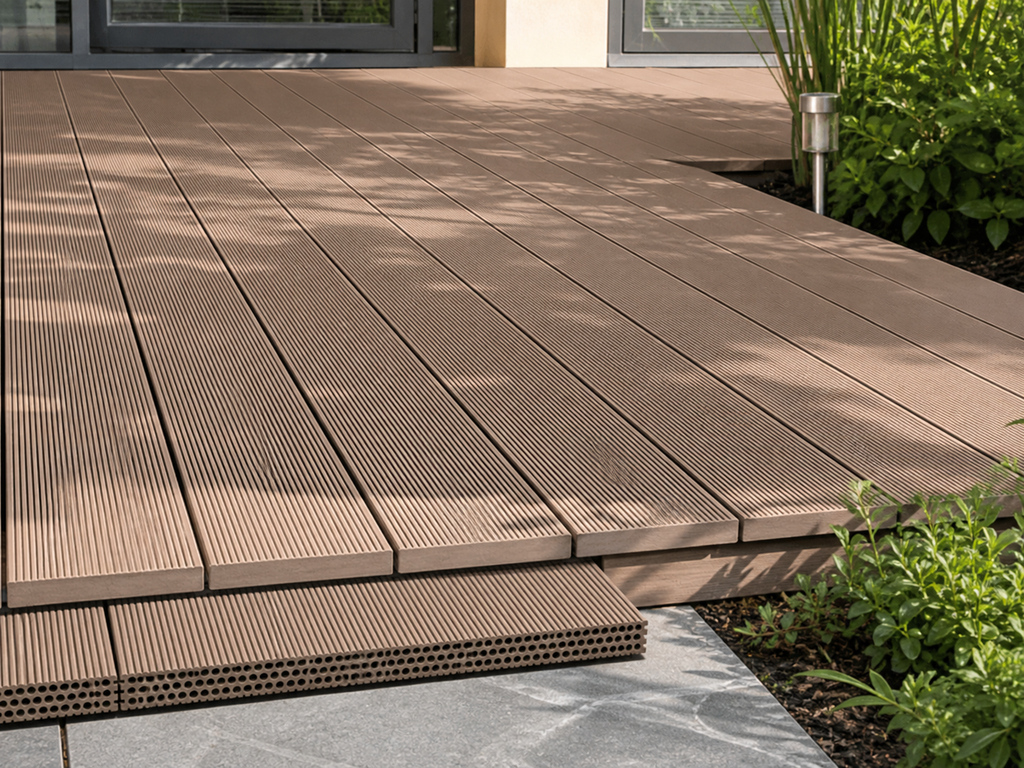 Application visualisation — Multi-Channel Hollow-Core WPC Decking Board – Fine-Groove Surface; original product photo and approved sample control