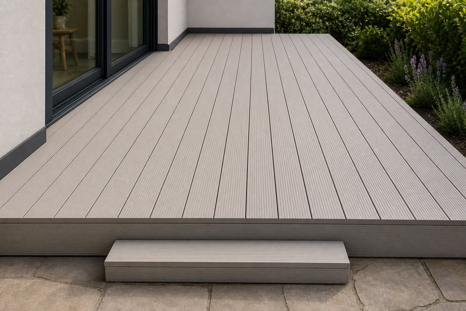 Application visualisation — Solid WPC Decking Board – Fine-Groove Surface; original product photo and approved sample control