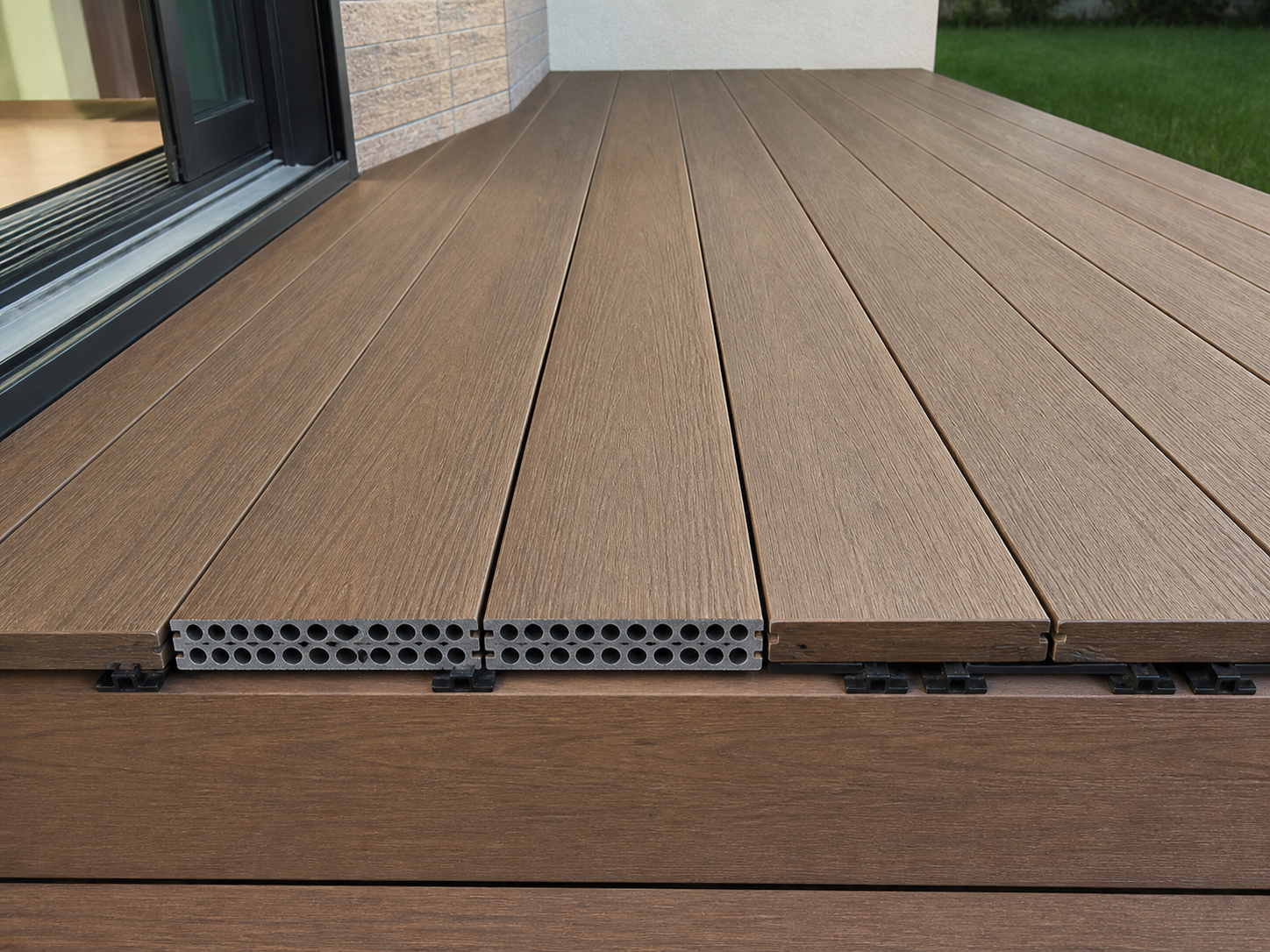 Application visualisation — Hollow-Core WPC Decking Board – Embossed Wood-Grain Finish; original product photo and approved sample control