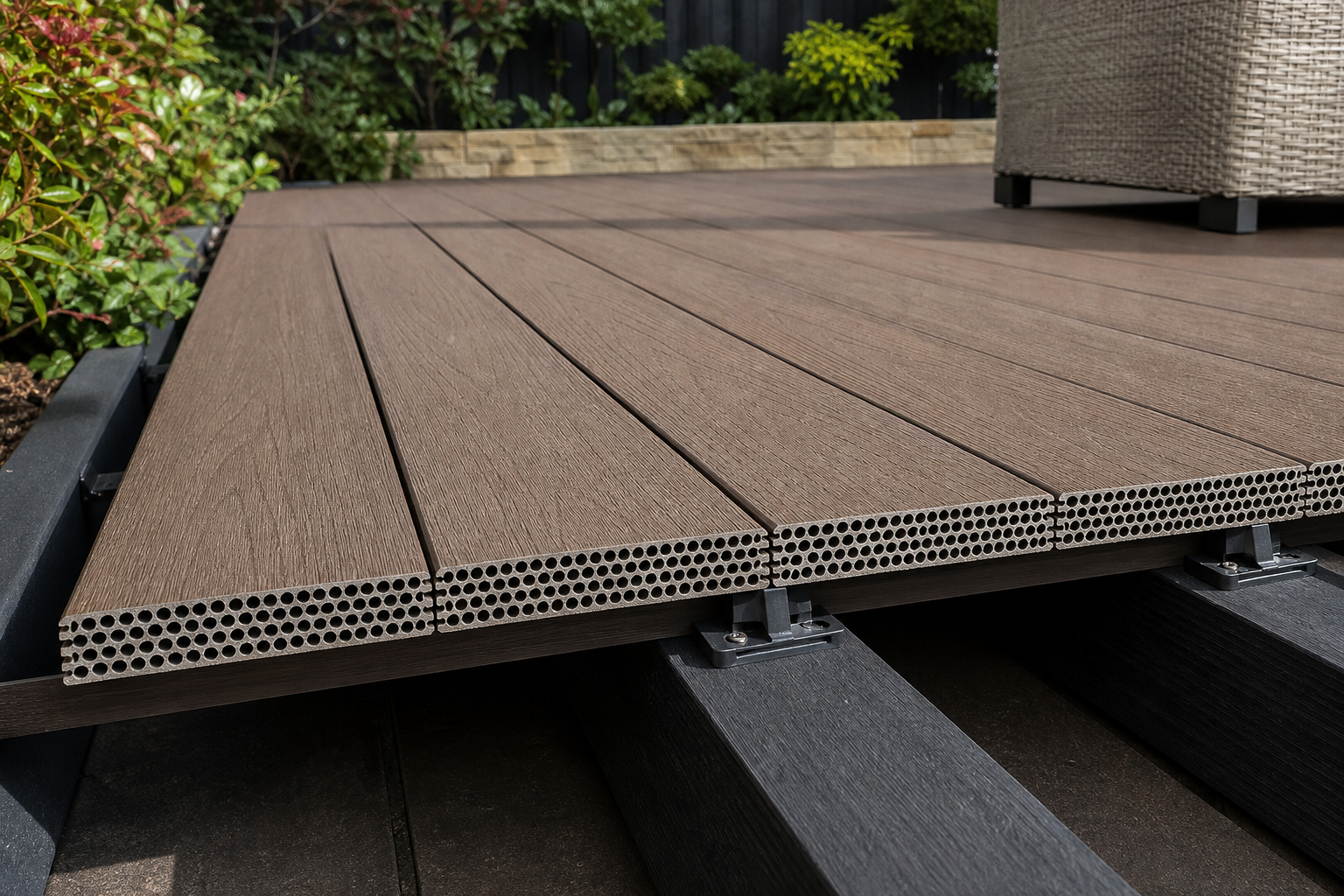 Application visualisation — Multi-Channel Hollow-Core WPC Decking Board – Embossed Wood-Grain Finish; original product photo and approved sample control