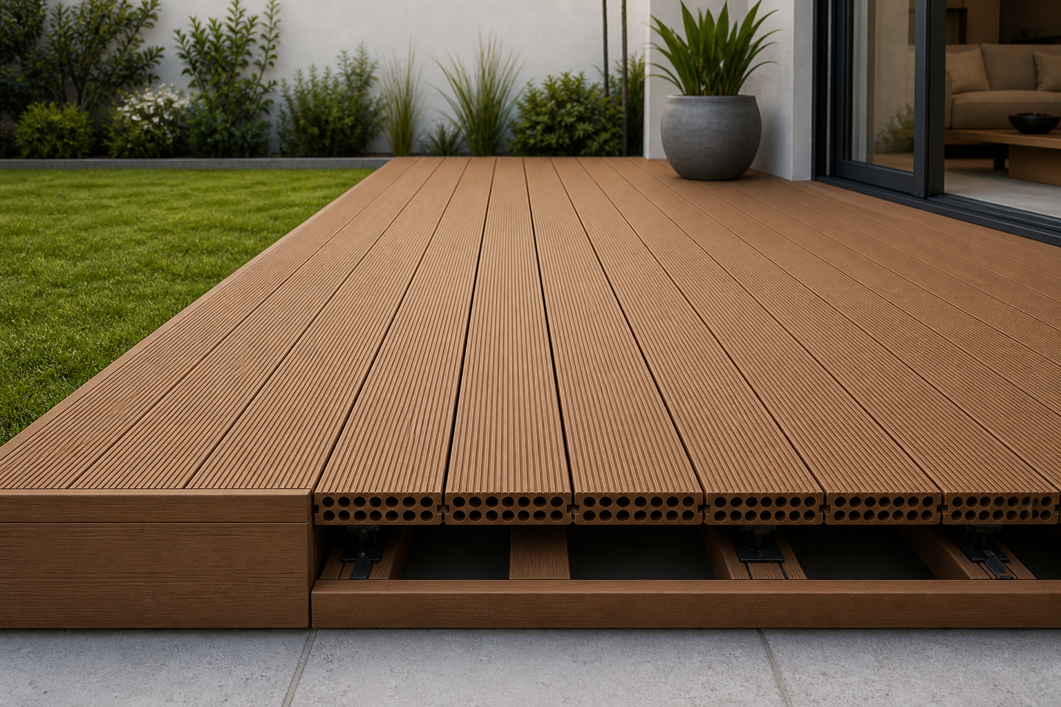 Application visualisation — Hollow-Core WPC Decking Board – Narrow-Groove Surface; original product photo and approved sample control