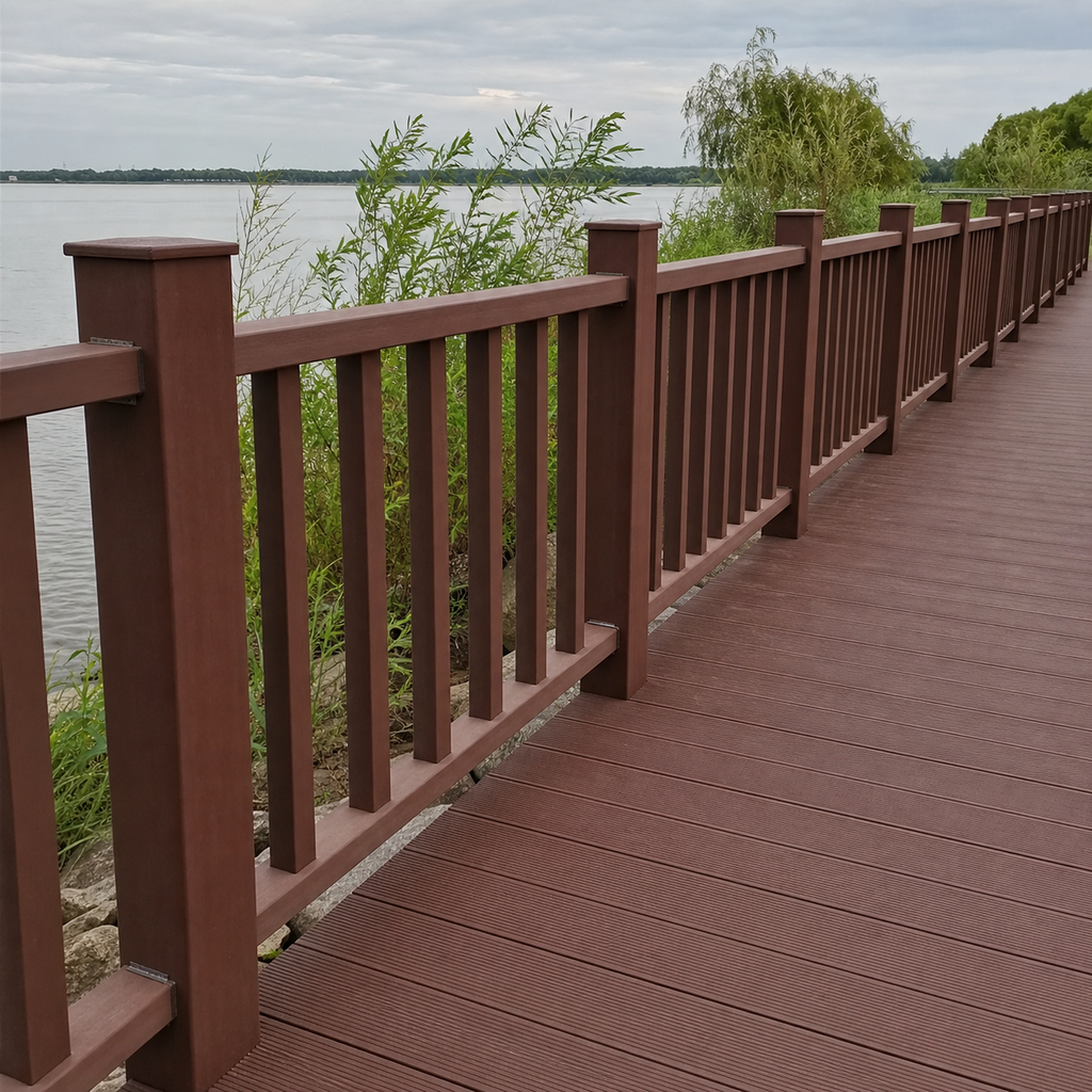 Application visualisation — Wood–Plastic Composite Boardwalk Decking System; original product photo and approved sample control