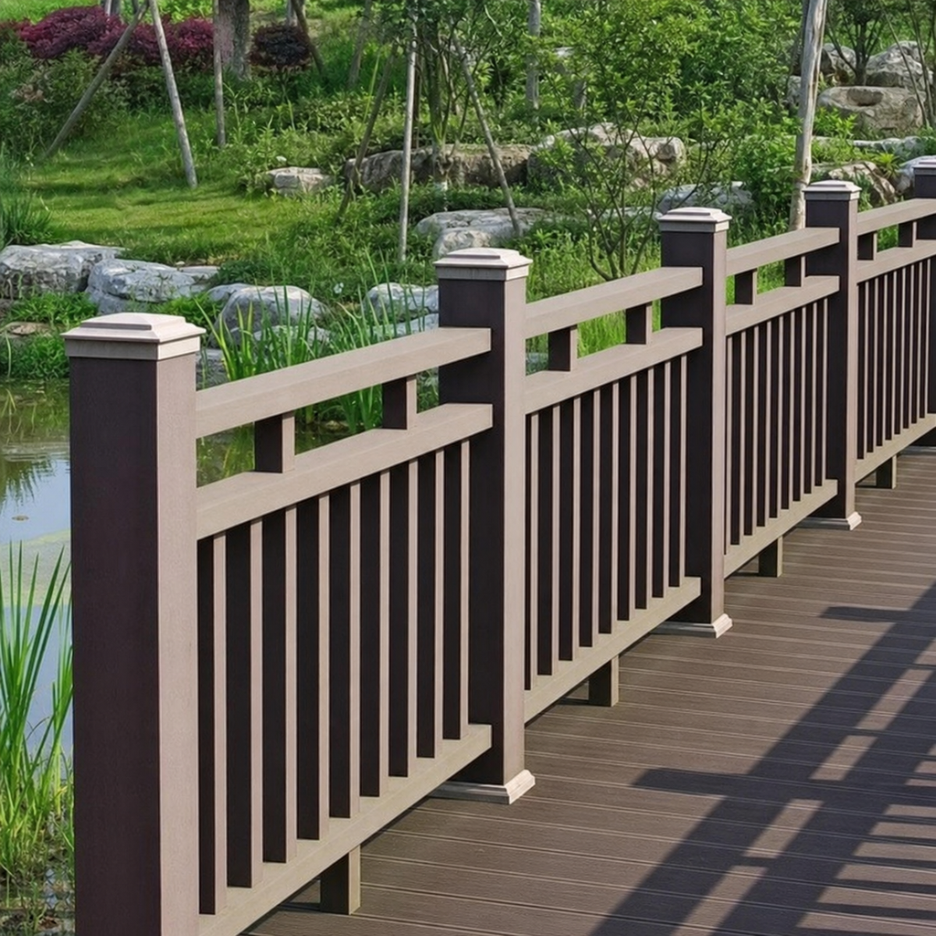 Application visualisation — Wood–Plastic Composite Landscape Guardrail System with Square Balusters; original product photo and approved sample control