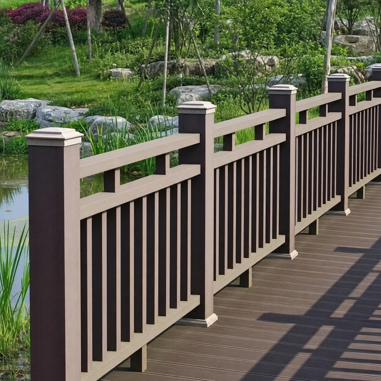 Application visualisation — Wood–Plastic Composite Landscape Guardrail System with Square Balusters; original product photo and approved sample control