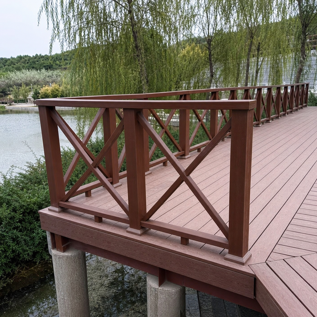 Application visualisation — Wood–Plastic Composite Decking and Cross-Braced Railing System; original product photo and approved sample control