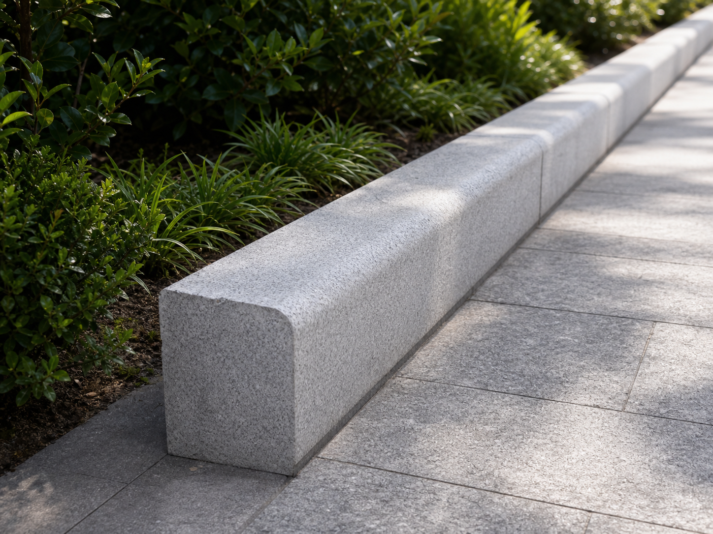 Application visualisation — Light Grey Natural Granite Bullnose Kerbstone – Ref. 22926; original product photo and approved sample control