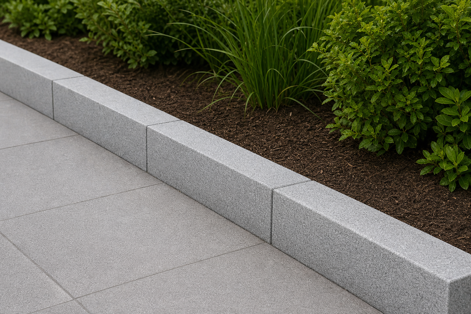 Application visualisation — Light Grey Natural Granite Straight Kerbstone – Ref. 22928; original product photo and approved sample control