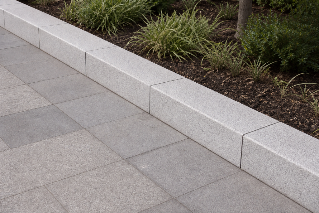 Application visualisation — Light Grey Natural Granite Textured Kerbstone – Ref. 22930; original product photo and approved sample control