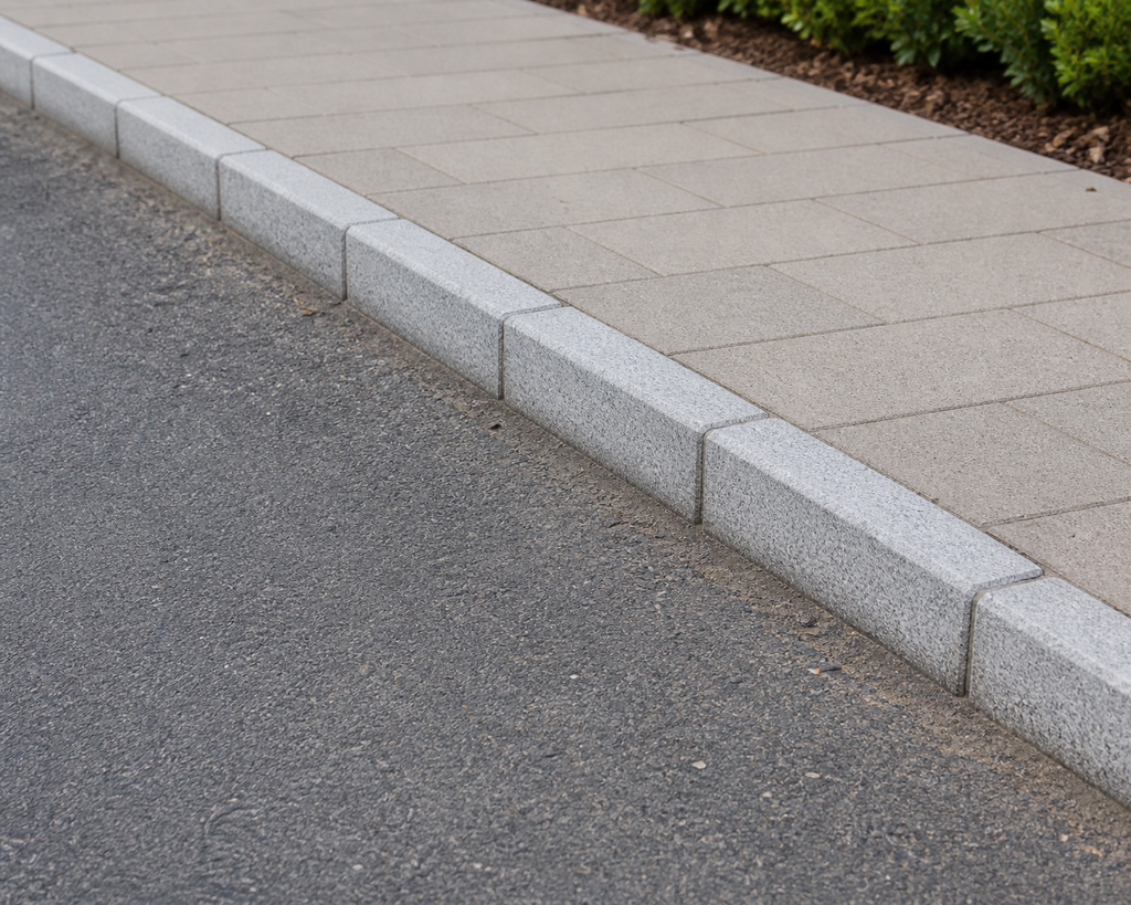Application visualisation — Light Grey Natural Granite Road Kerbstone – Ref. 22932; original product photo and approved sample control