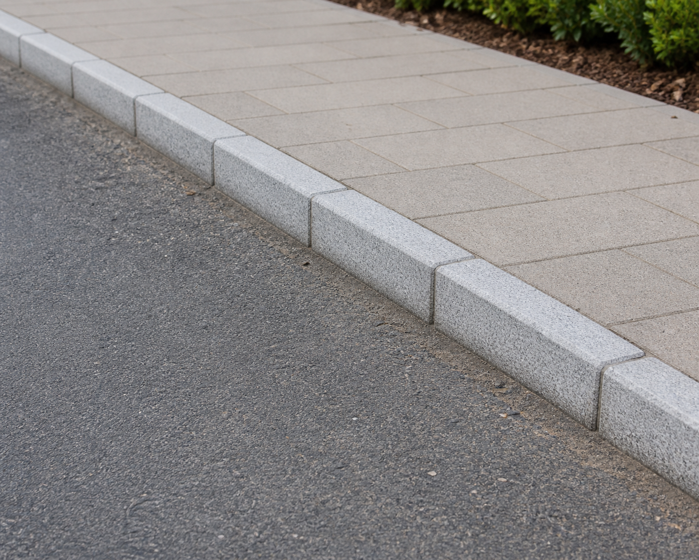 Application visualisation — Light Grey Natural Granite Road Kerbstone – Ref. 22932; original product photo and approved sample control