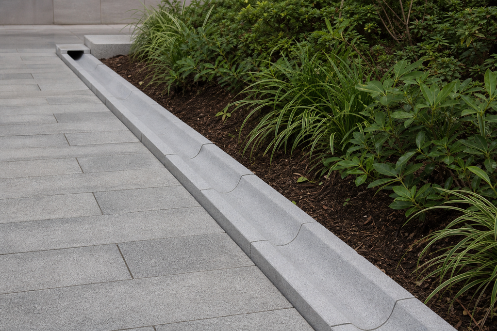Application visualisation — Light Grey Natural Granite Drainage Channel Kerb – Ref. 22936; original product photo and approved sample control