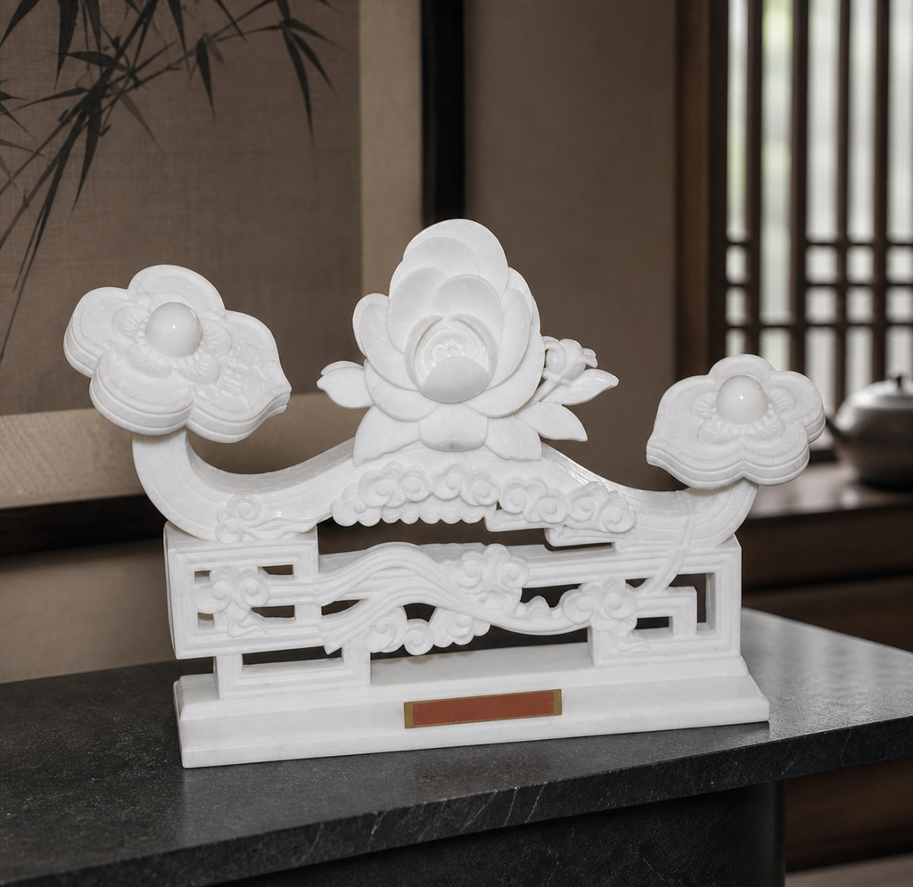 Application visualisation — Hand-Carved White Stone Lotus and Ruyi Decorative Sculpture; original product photo and approved sample control