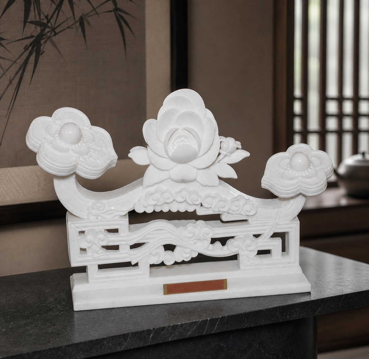 Application visualisation — Hand-Carved White Stone Lotus and Ruyi Decorative Sculpture; original product photo and approved sample control