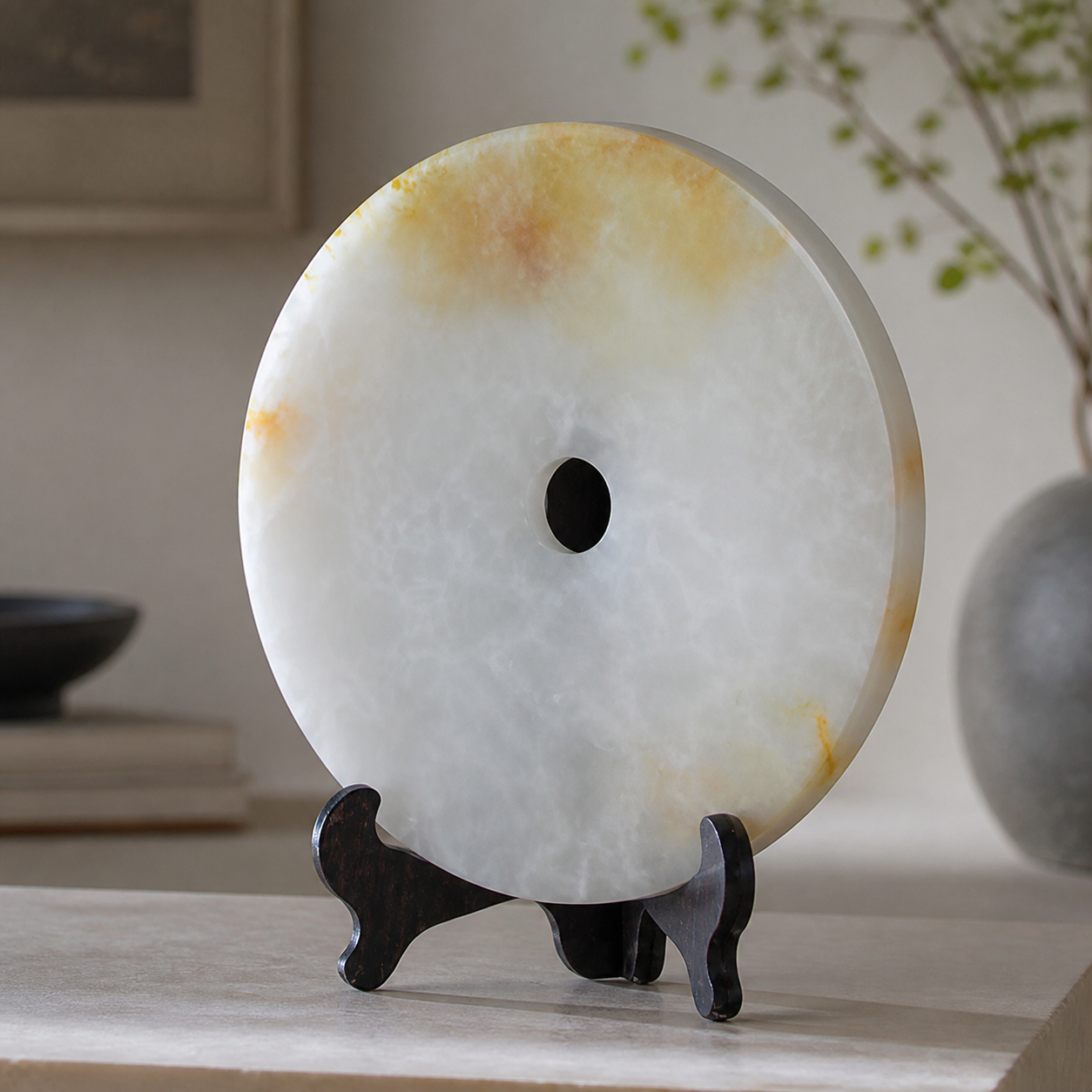 Application visualisation — Polished Natural Stone Bi Disc Sculpture with Display Stand; original product photo and approved sample control