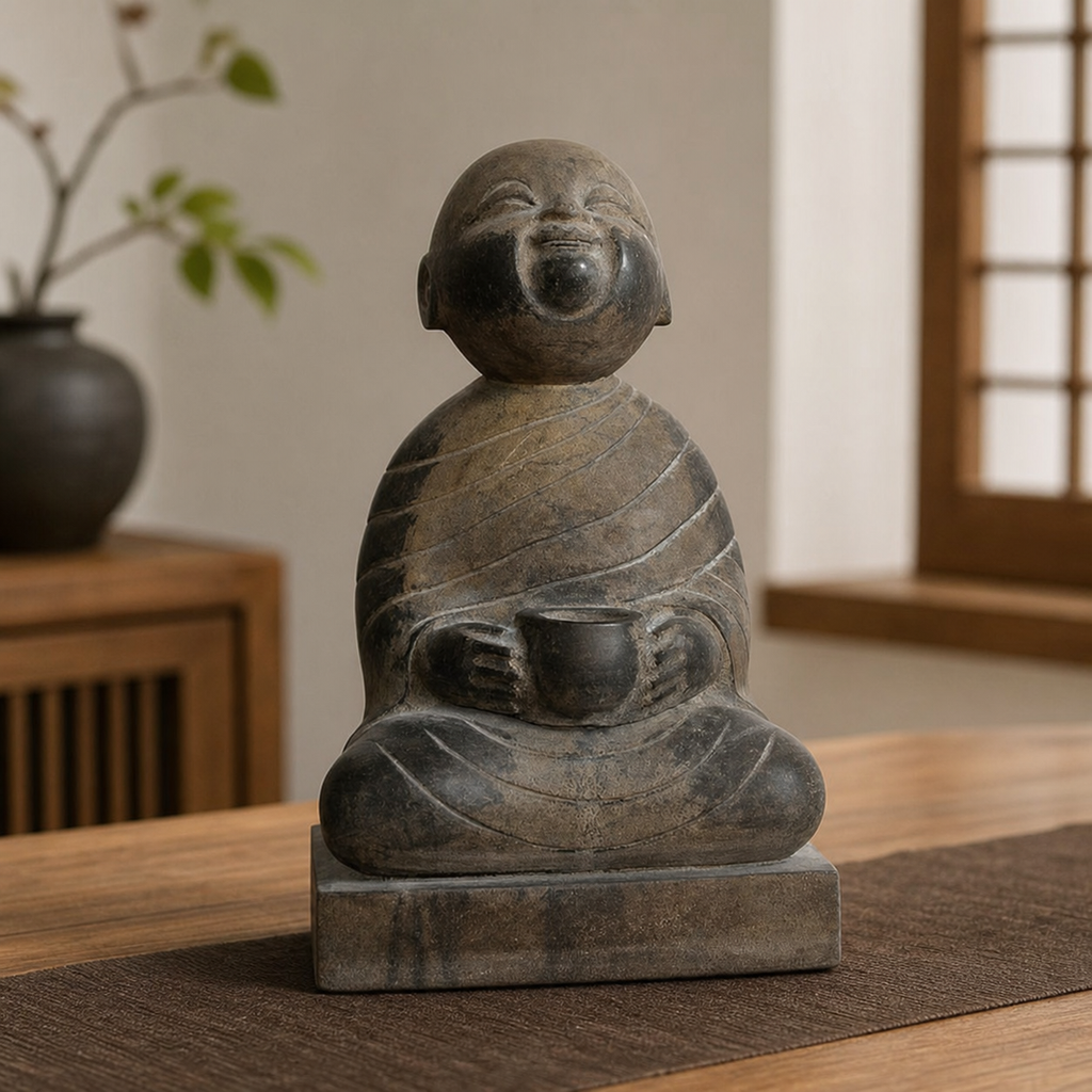 Application visualisation — Hand-Carved Stone Tea Monk Figurine; original product photo and approved sample control