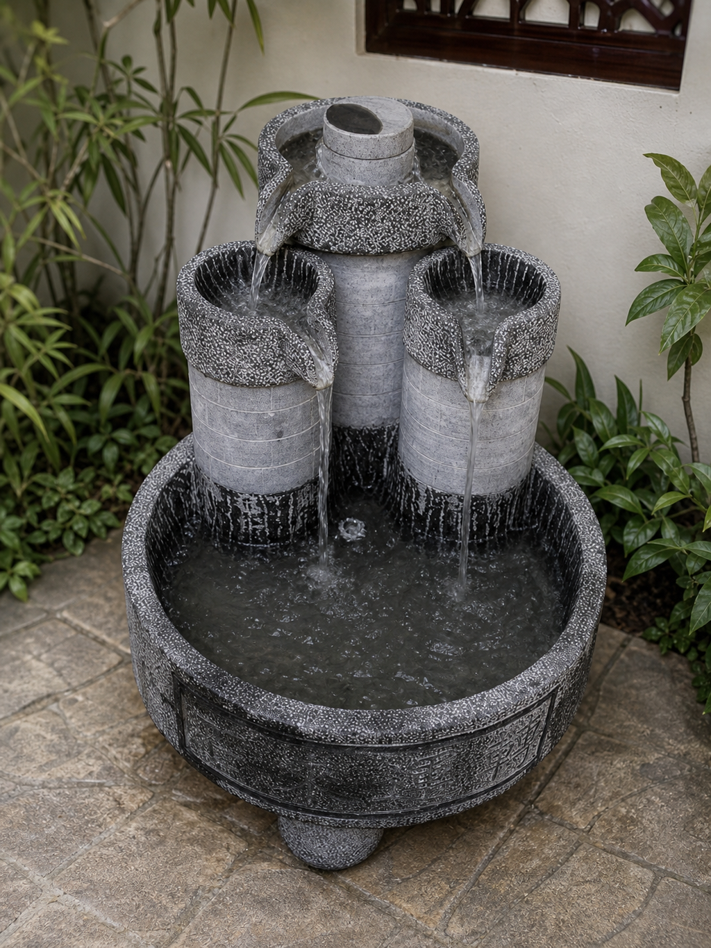 Application visualisation — Three-Pot Cascading Stone Fountain with Basin; original product photo and approved sample control