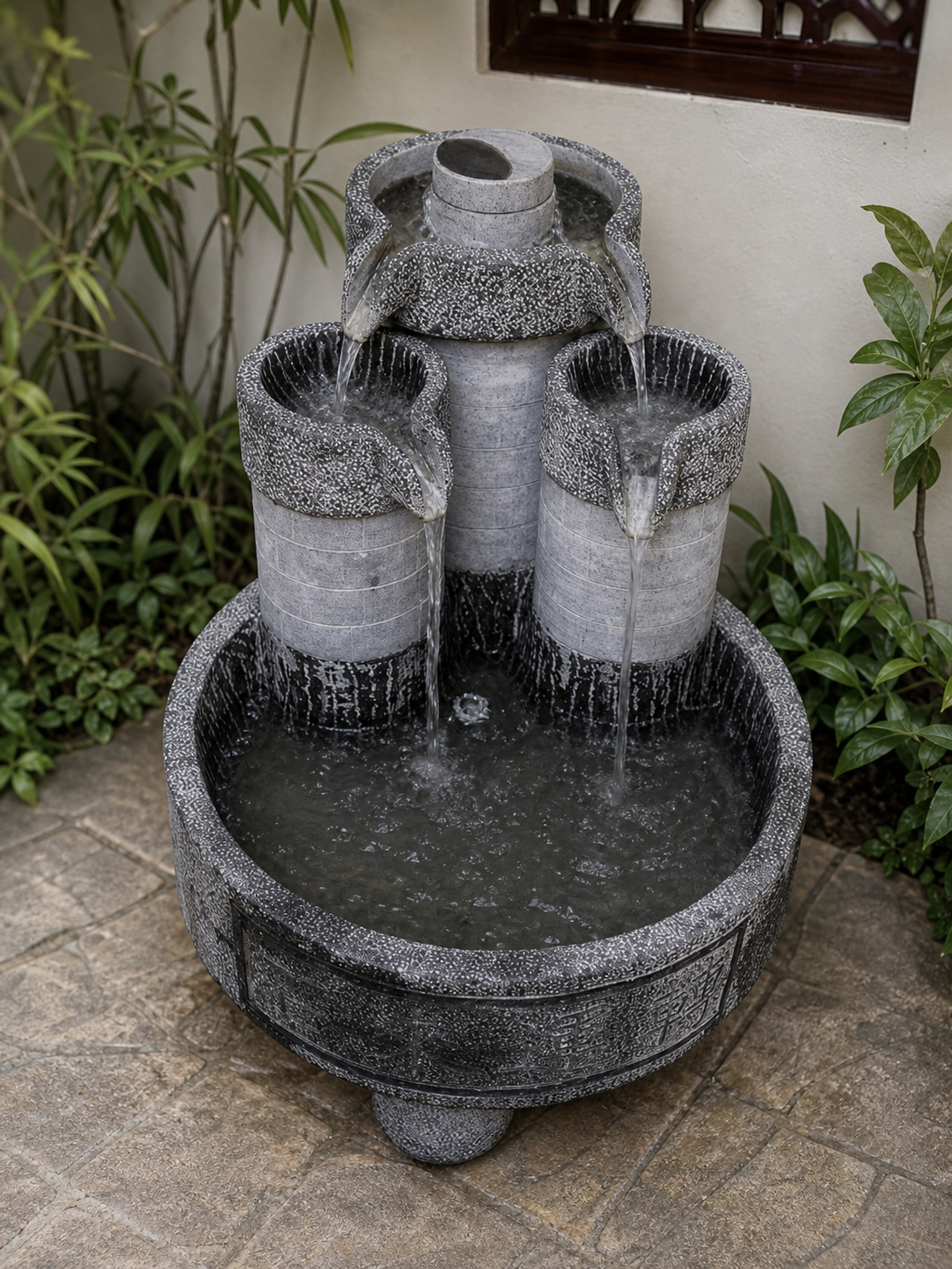 Application visualisation — Three-Pot Cascading Stone Fountain with Basin; original product photo and approved sample control