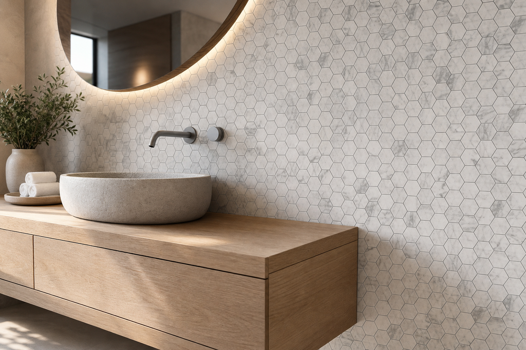 Application visualisation — White and Grey Hexagon Natural Marble Mosaic; original product photo and approved sample control