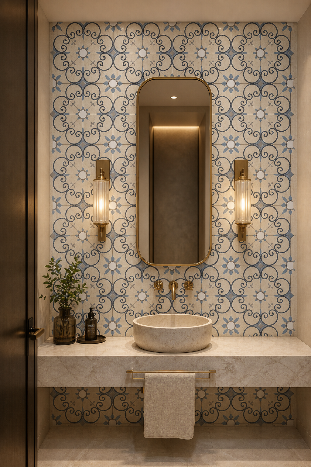 Application visualisation — Blue, Cream and White Floral Waterjet Marble Mosaic; original product photo and approved sample control