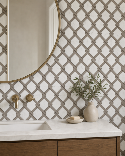 Application visualisation — Brown and White Lattice Natural Marble Mosaic; original product photo and approved sample control