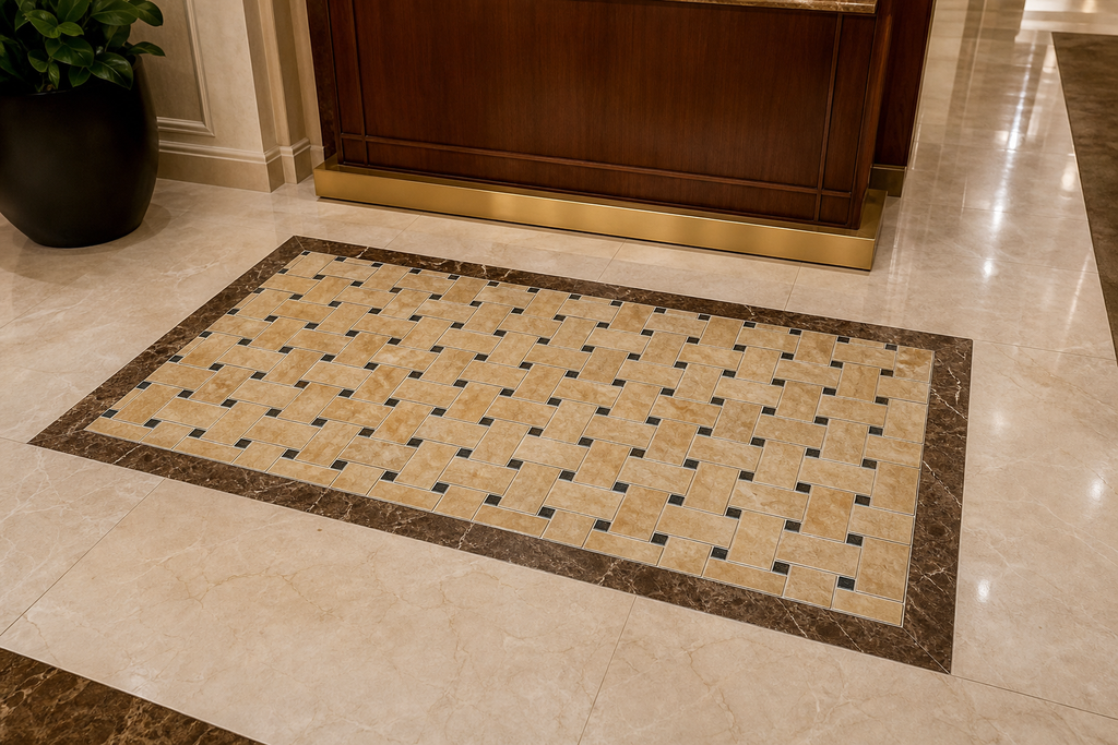 Application visualisation — Golden Brown Basketweave Natural Marble Mosaic; original product photo and approved sample control
