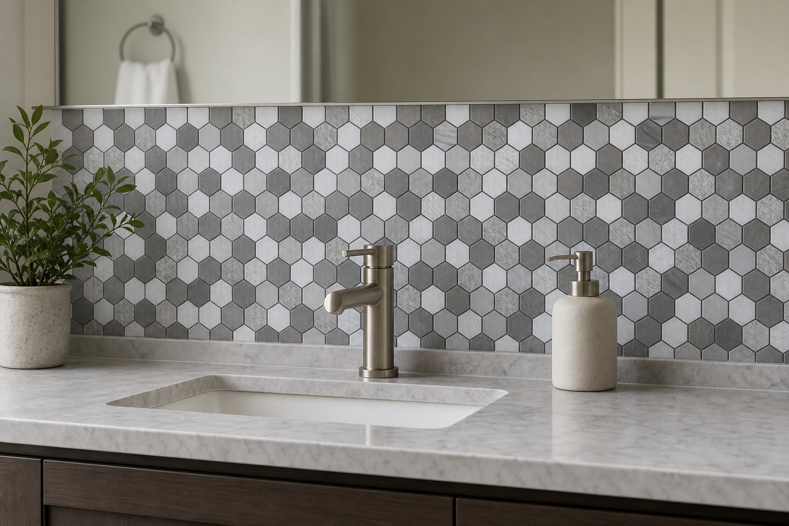 Application visualisation — White, Grey and Black Hexagon Natural Marble Mosaic; original product photo and approved sample control