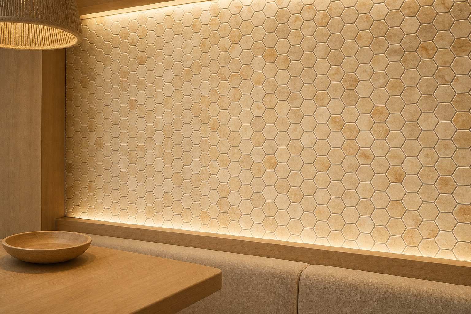 Application visualisation — Golden Beige Hexagon Natural Marble Mosaic; original product photo and approved sample control