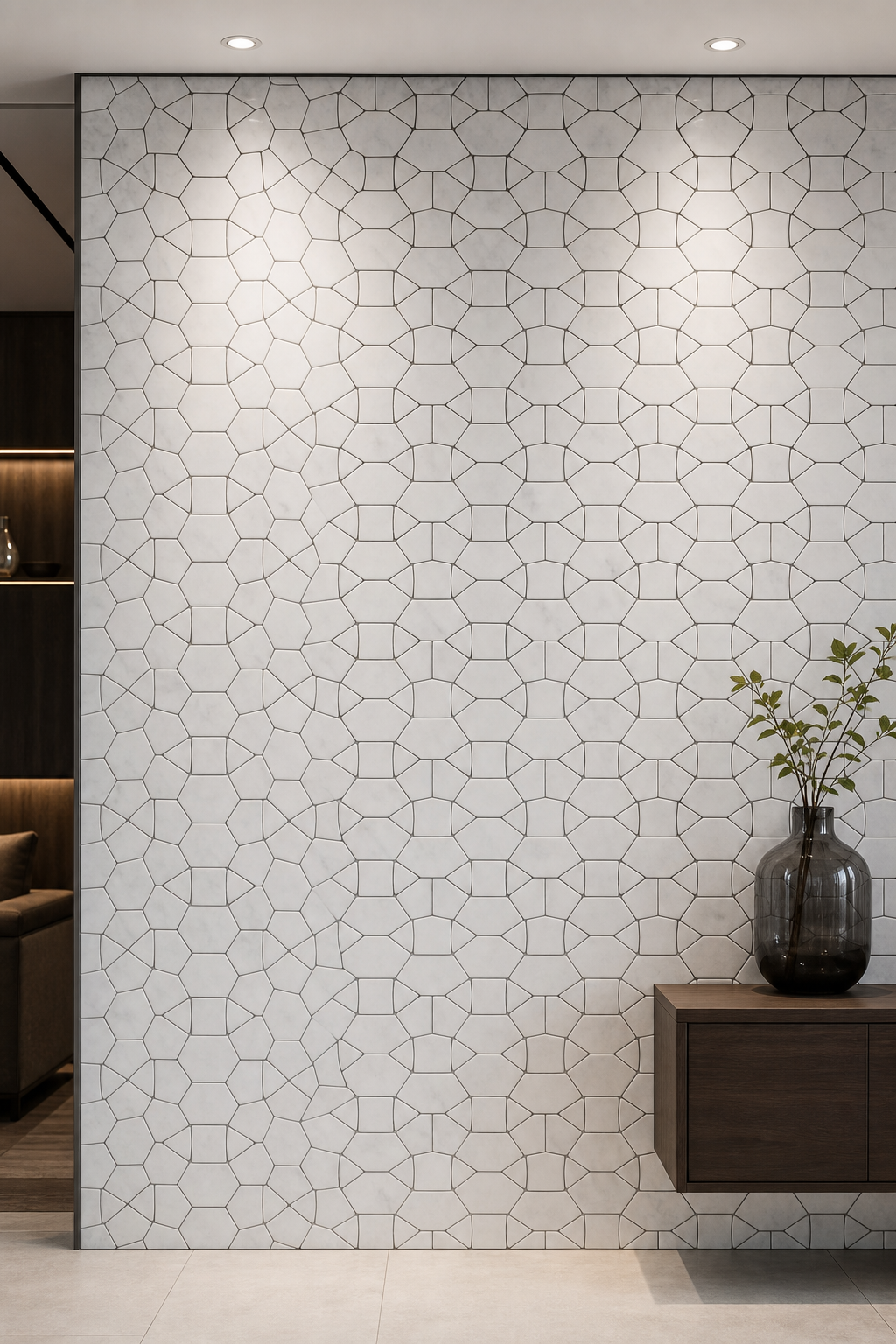 Application visualisation — White Interlocking Rosette Natural Marble Mosaic; original product photo and approved sample control