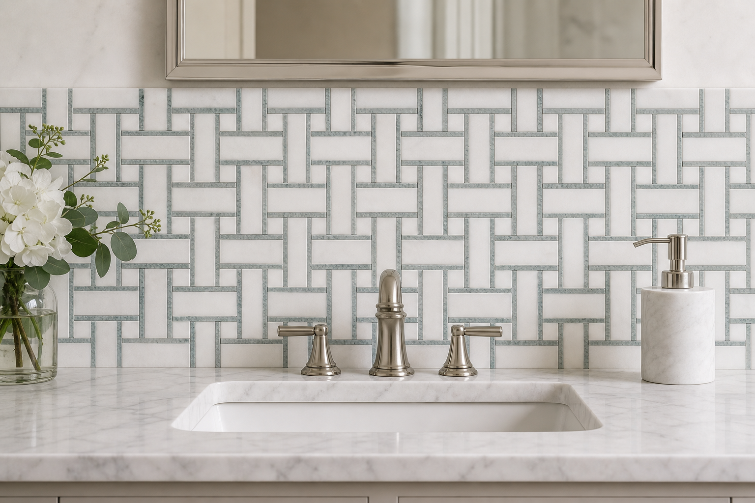 Application visualisation — White, Grey and Green Basketweave Natural Marble Mosaic; original product photo and approved sample control