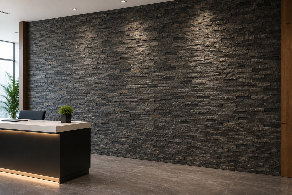 Application visualisation — Dark Split-Face Stacked Natural Marble Mosaic; original product photo and approved sample control