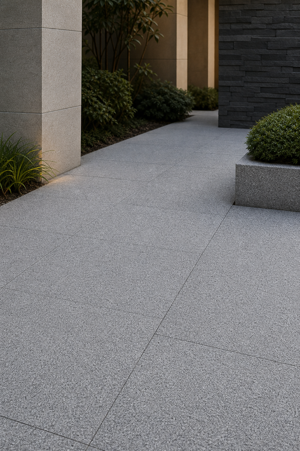 Application visualisation — G355 Crystal White Jade Natural Granite Slab – Bush-Hammered Finish; original product photo and approved sample control