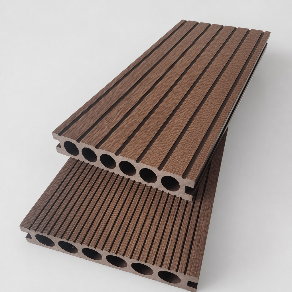 Catalog visualisation — exact six-round-channel WPC profile derived from the original product photo; approved sample controls final colour and profile