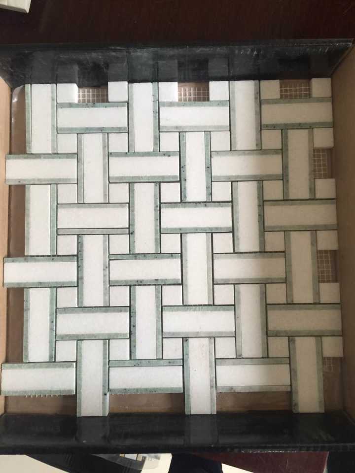 Real product photo — complete mesh-mounted sheet of the white, grey and green basketweave natural marble mosaic; natural stone variation and approved sample control final appearance